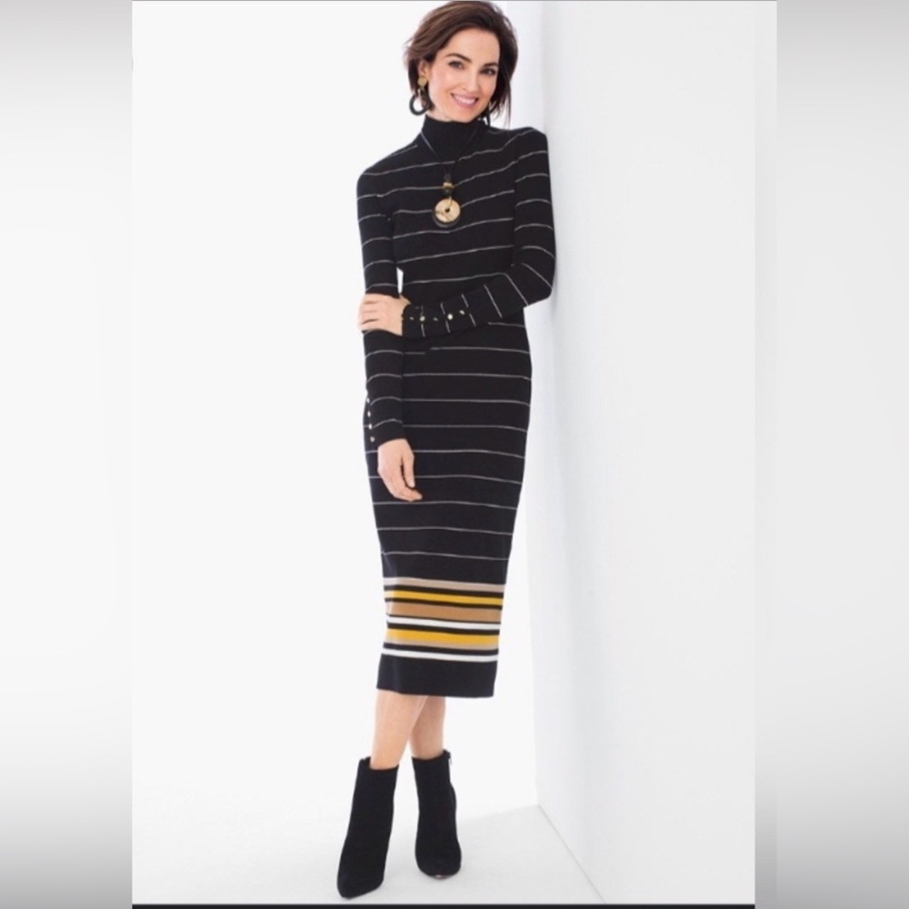 CHICOS BLACK LABEL Midi dress. Black with brown & gold stripes. gold metal trim